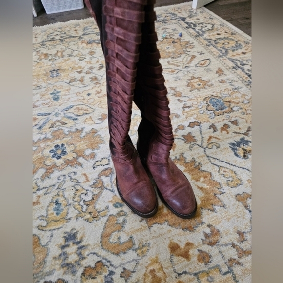 $498 Free People Forest Brown OTK Strappy Military Leather Boots - Picture 9 of 10